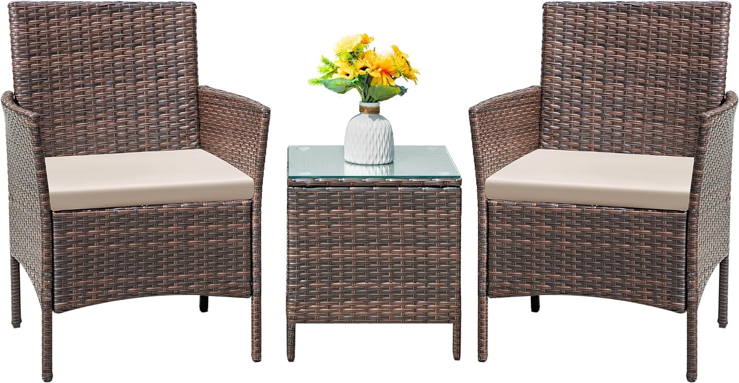 Flamaker Patio Furniture Set 3 Pieces All-Weather Rattan Outdoor Chairs and Table